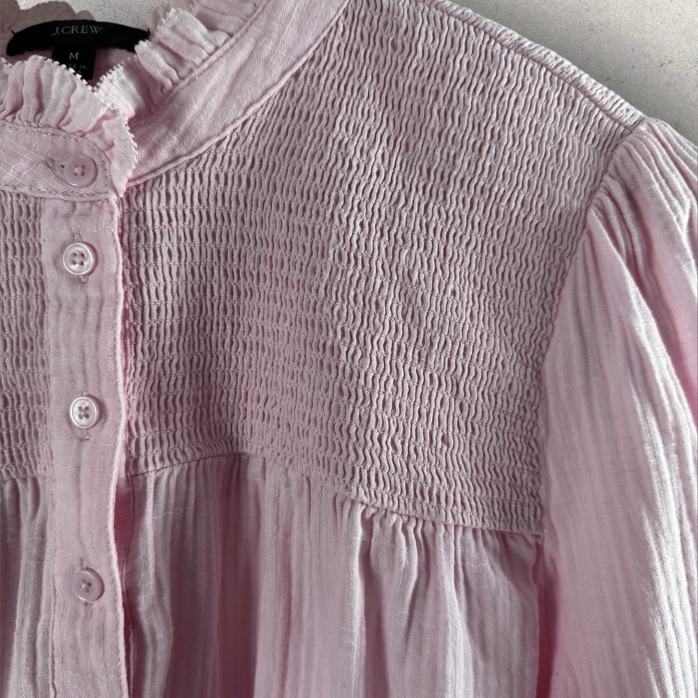 J. Crew Blouse 1/2 Button Popover Pink Ruffle Smocked Crinkle Gauze Size Medium - Picture 3 of 14